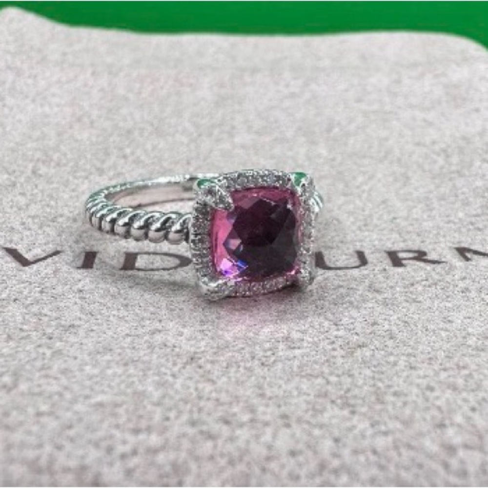 David Yurman 925 7mm Petite Chatelaine Ring with Pink Tourmaline & Diamonds